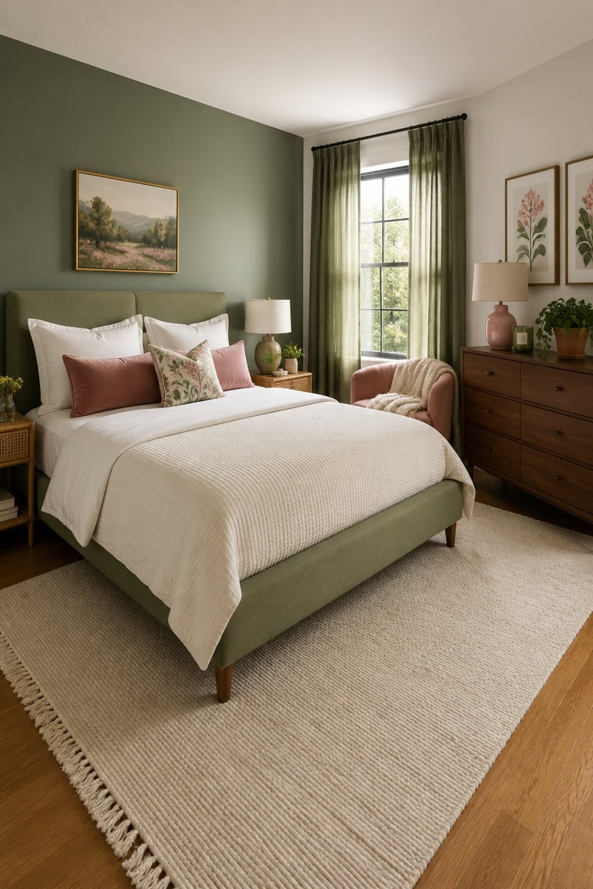 Elegant bedroom with green accent wall, large window, and stylish decor.