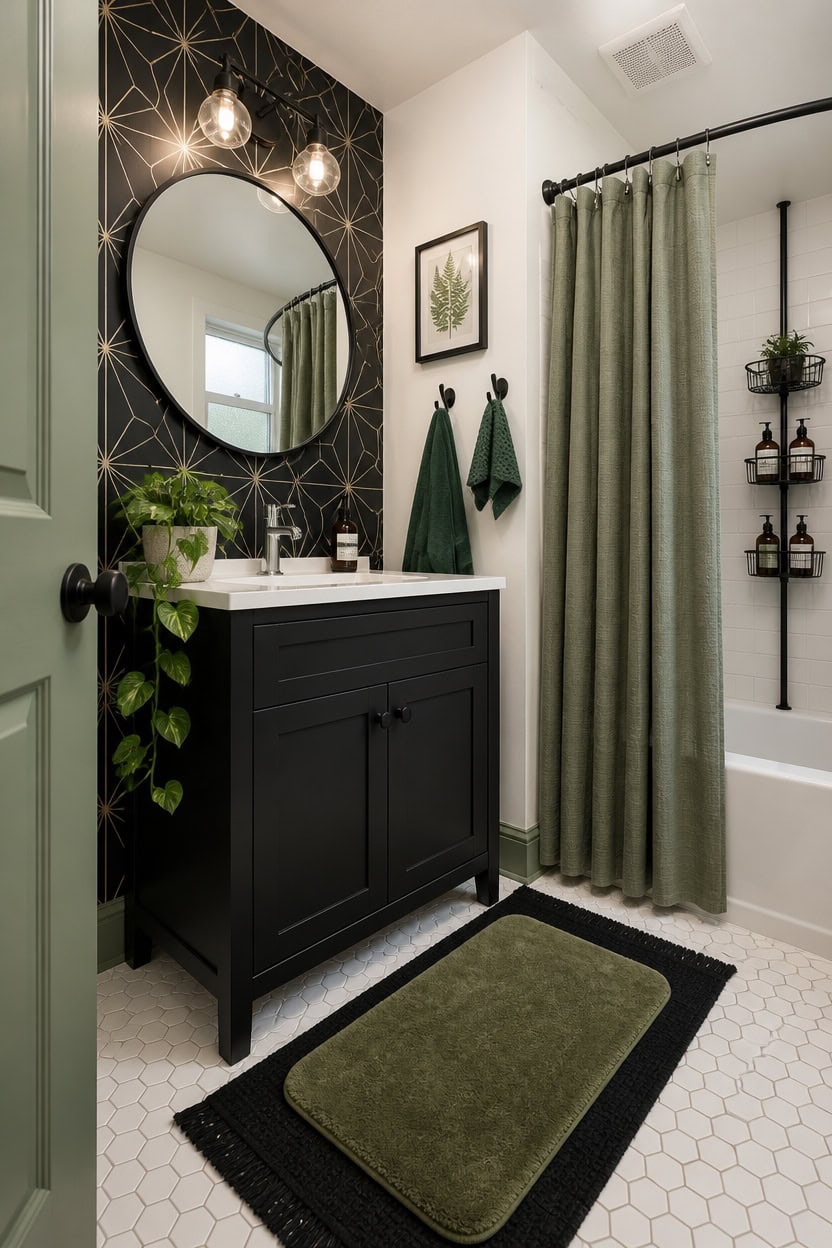 Stylish bathroom featuring a black vanity, green towels, and a shower with a green curtain.