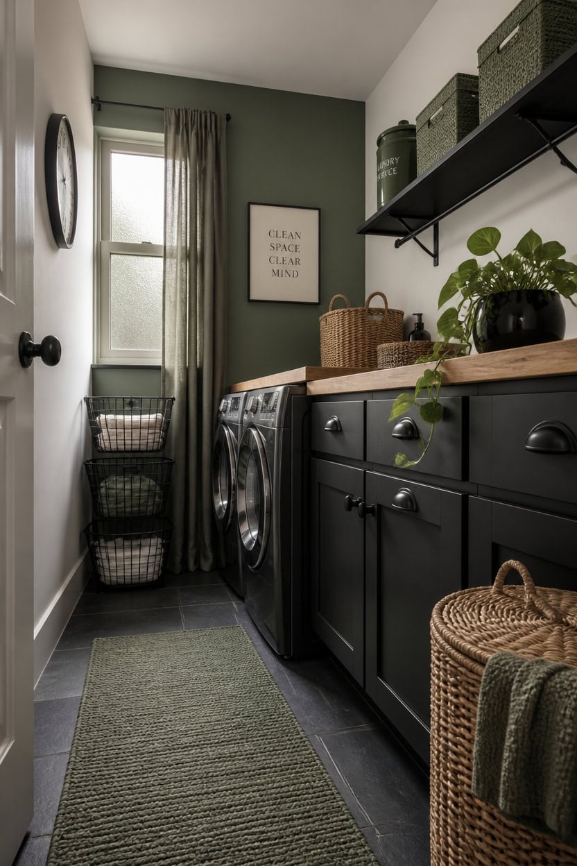 Cozy laundry room with dark cabinets, washer, dryer, and decorative accents.