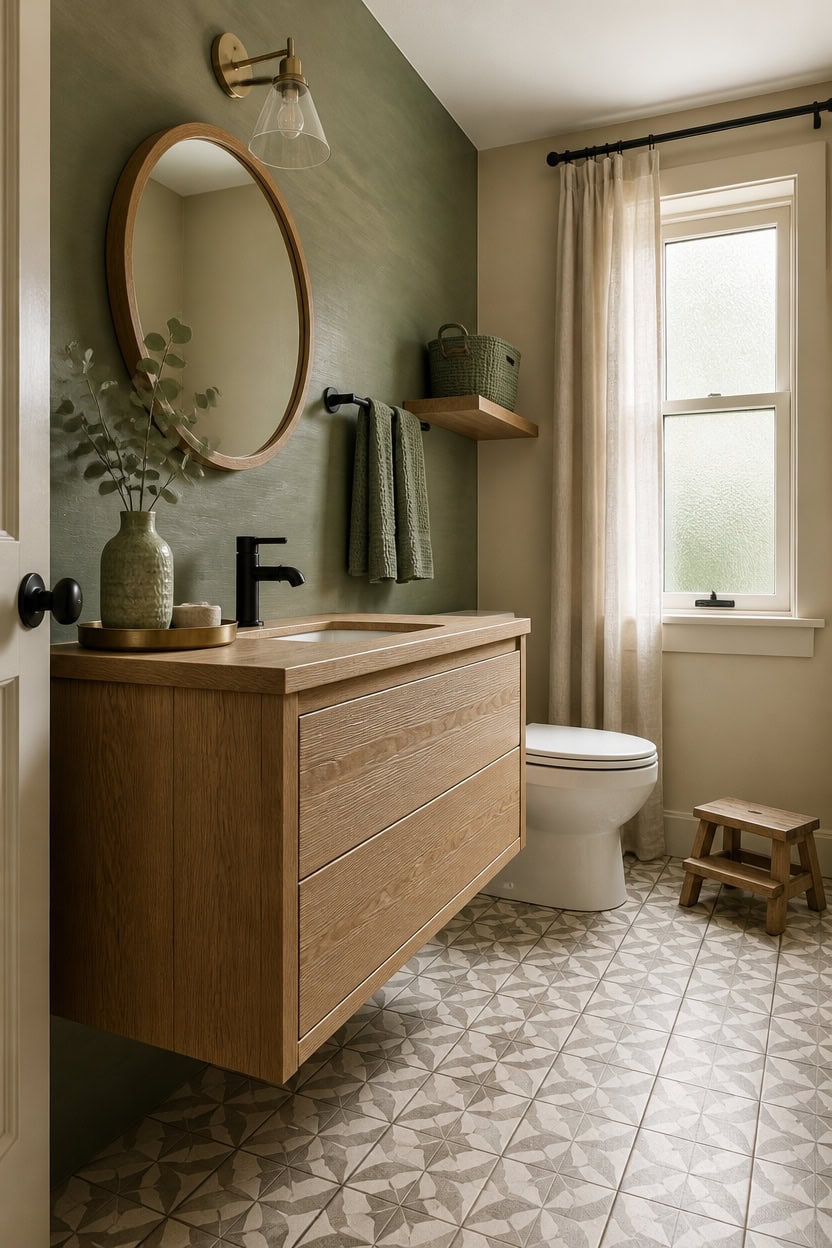 Bathroom with wooden vanity, round mirror, and natural light from window.