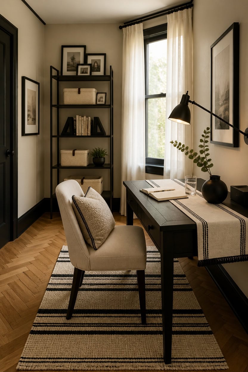 Bright home office with desk, chair, and bookshelf near window.