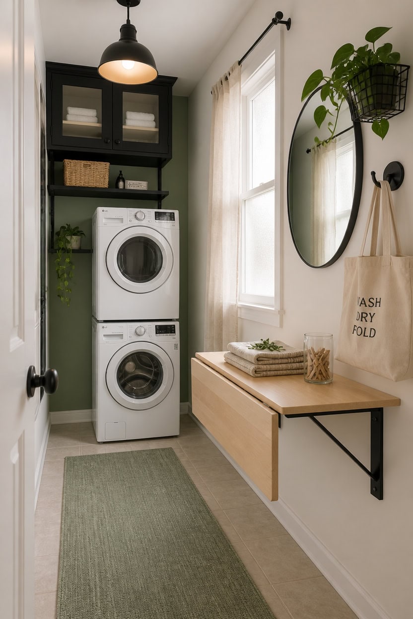 Bright laundry room with stacked washer and dryer, wall mirror, and storage shelves.