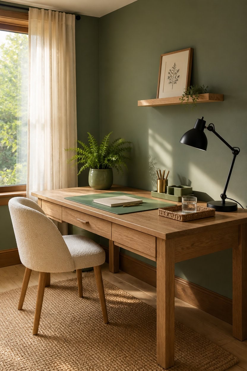 Home office with wooden desk, beige chair, and green wall decor.