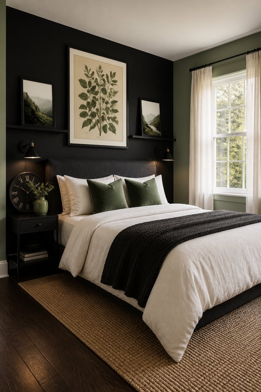 Elegant bedroom with black accent wall, framed nature art, and large window.