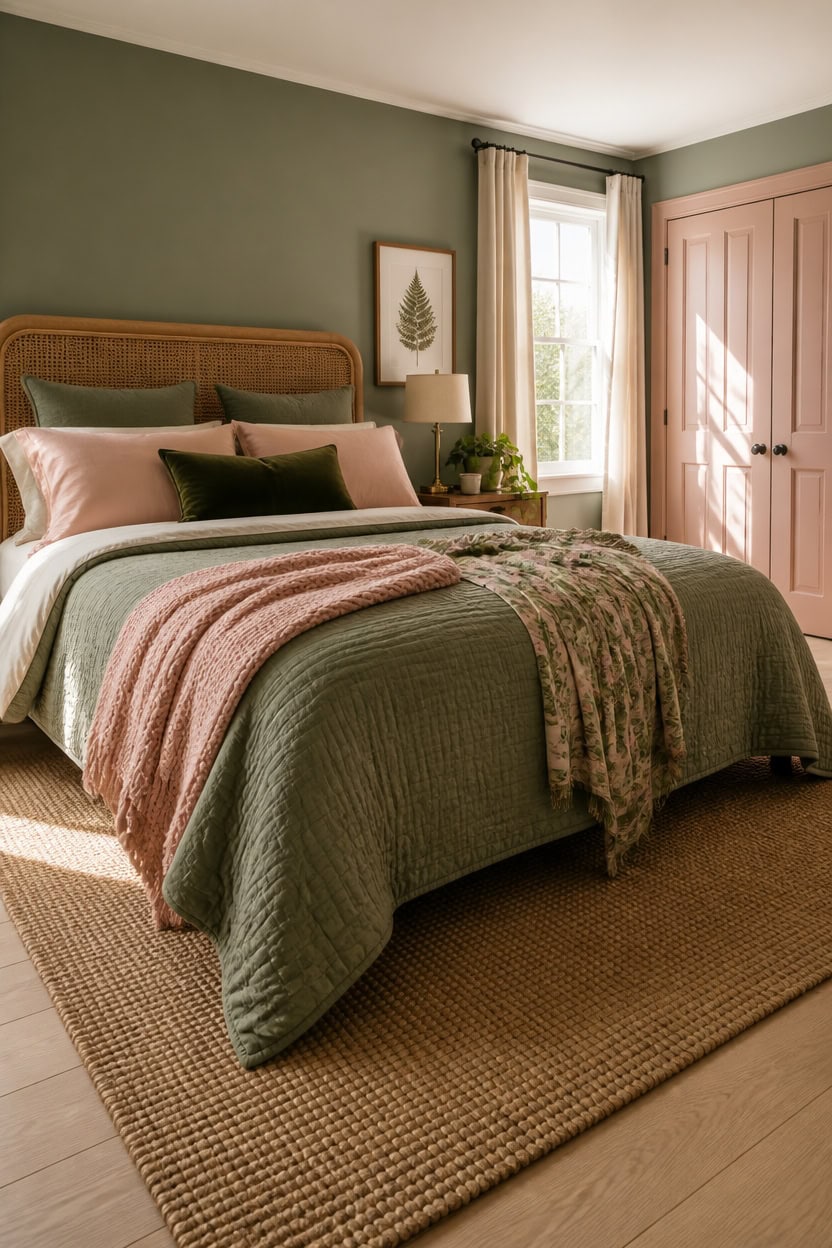 Comfortable bedroom with green walls, pink wardrobe, and natural light.