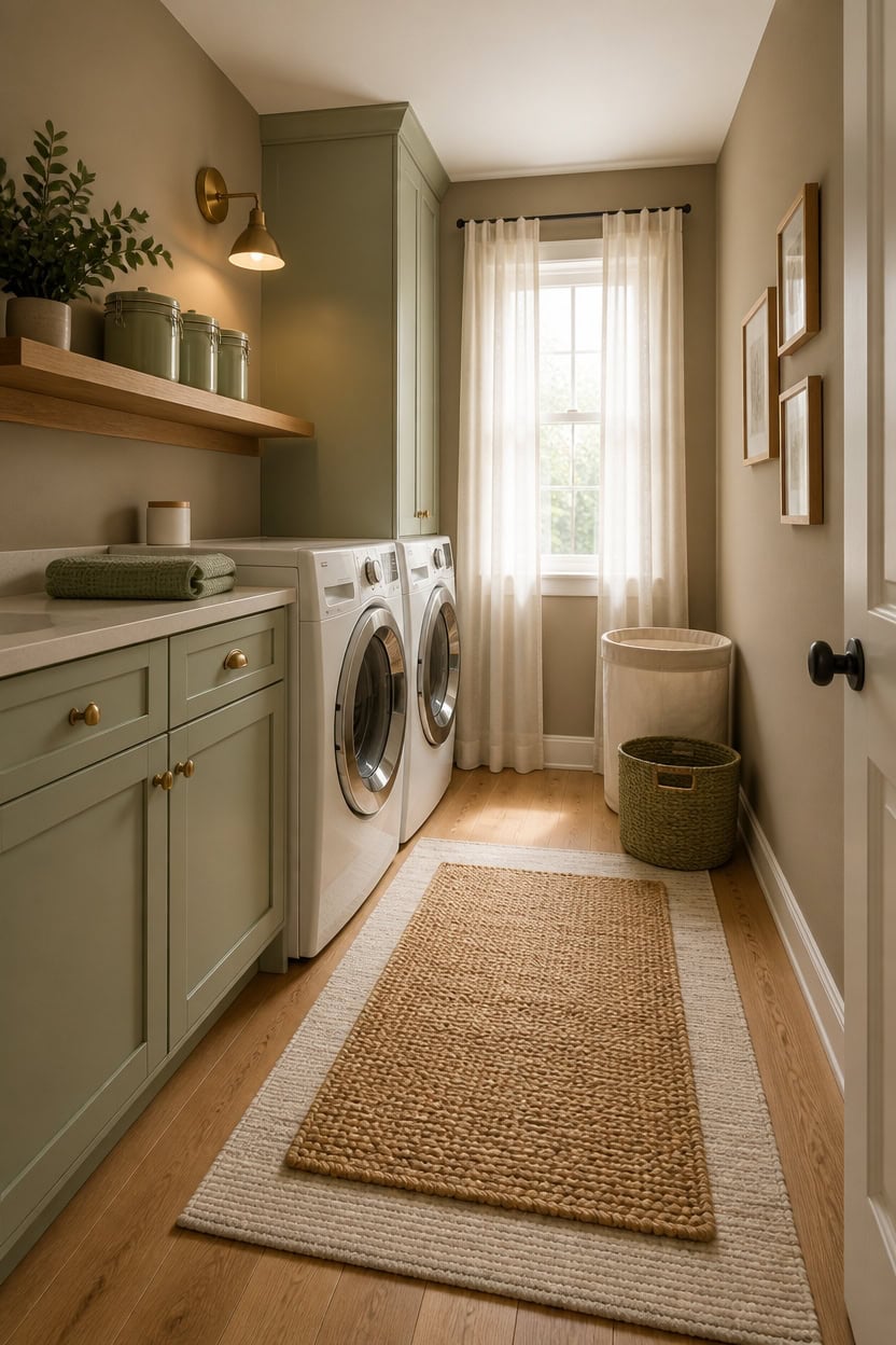 Laundry room with green cabinets, washer, dryer, and natural light from window.