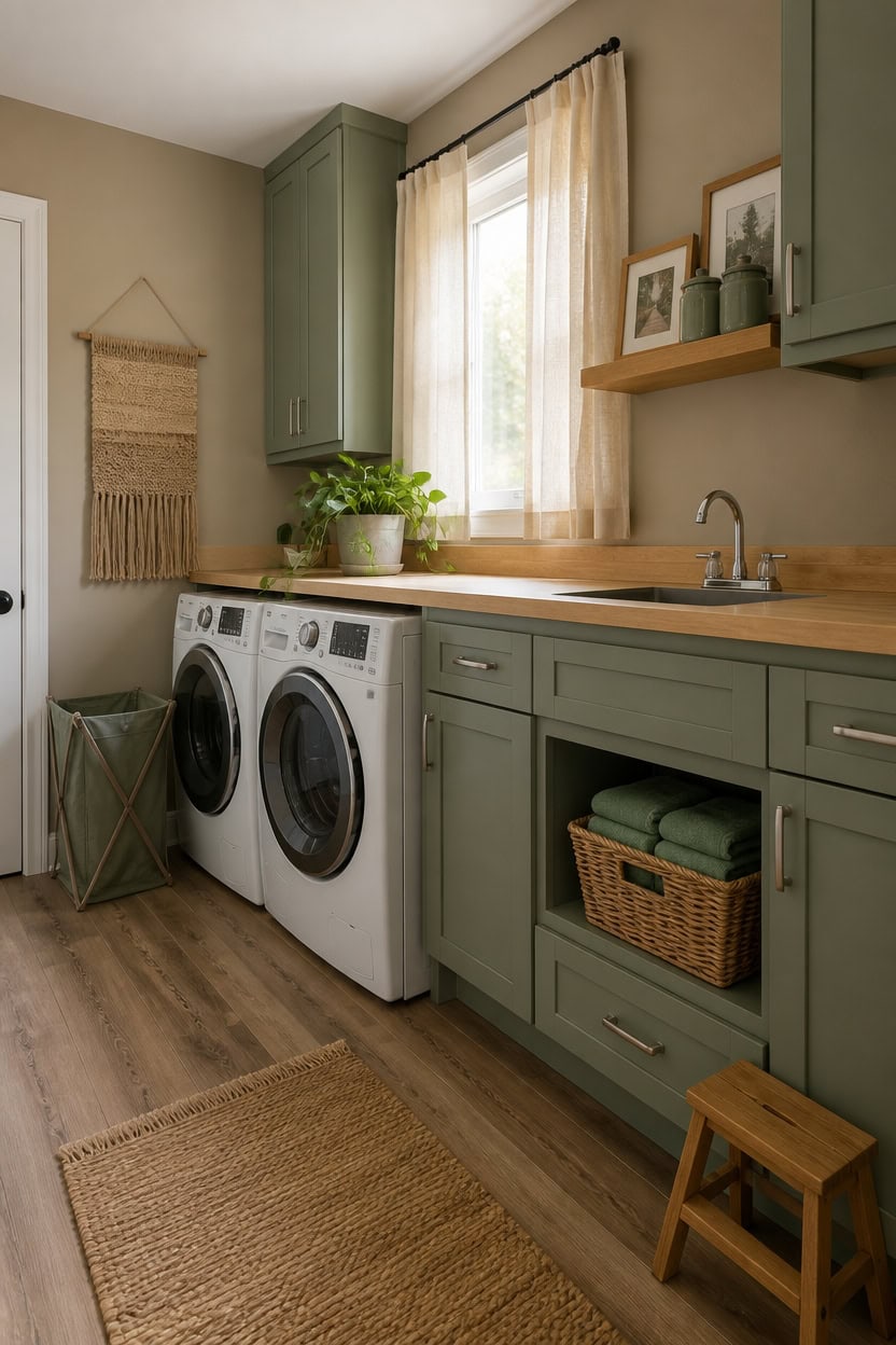 Laundry room with green cabinets, washer, dryer, and window with curtains.