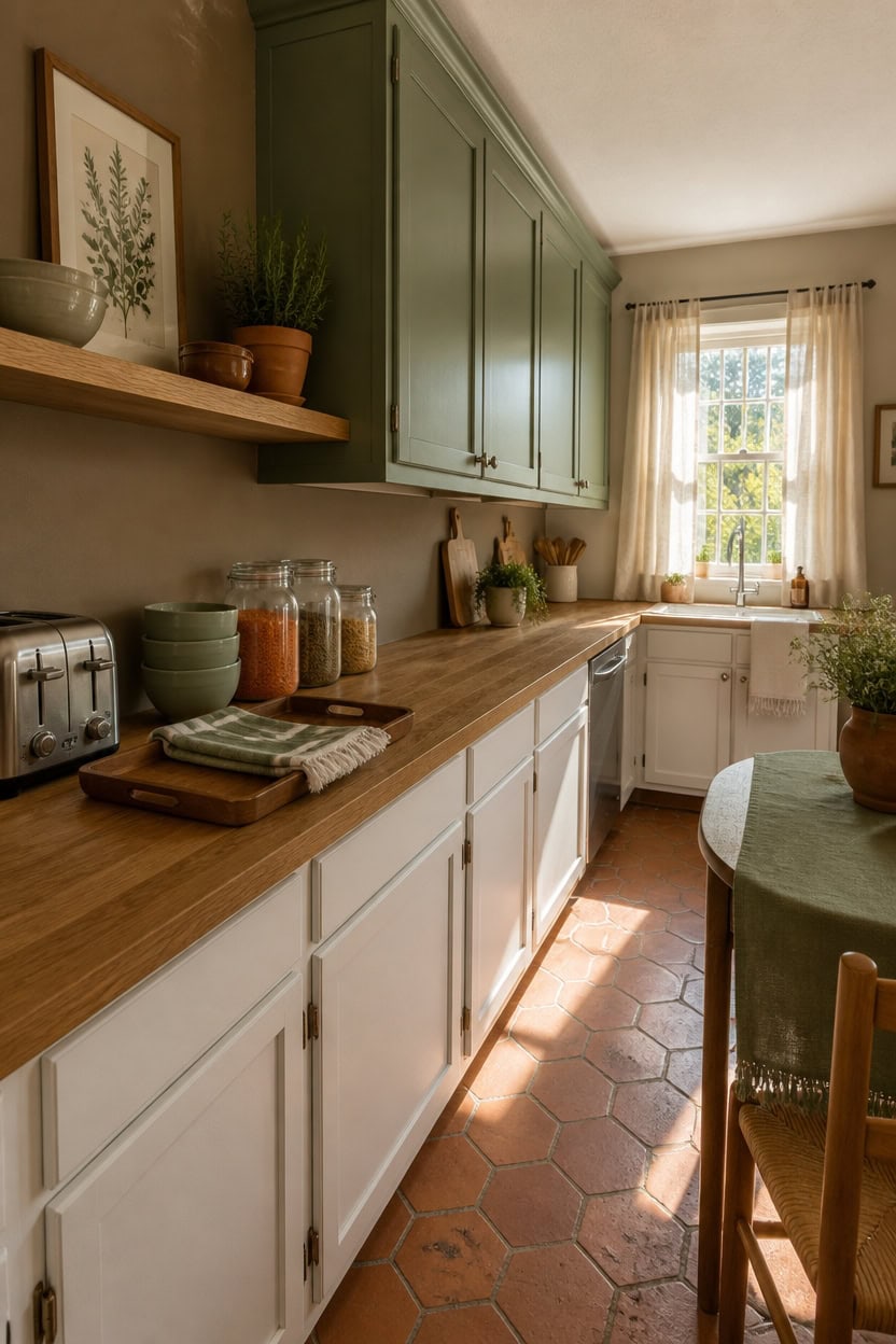 Bright kitchen with green upper cabinets and natural light from window.