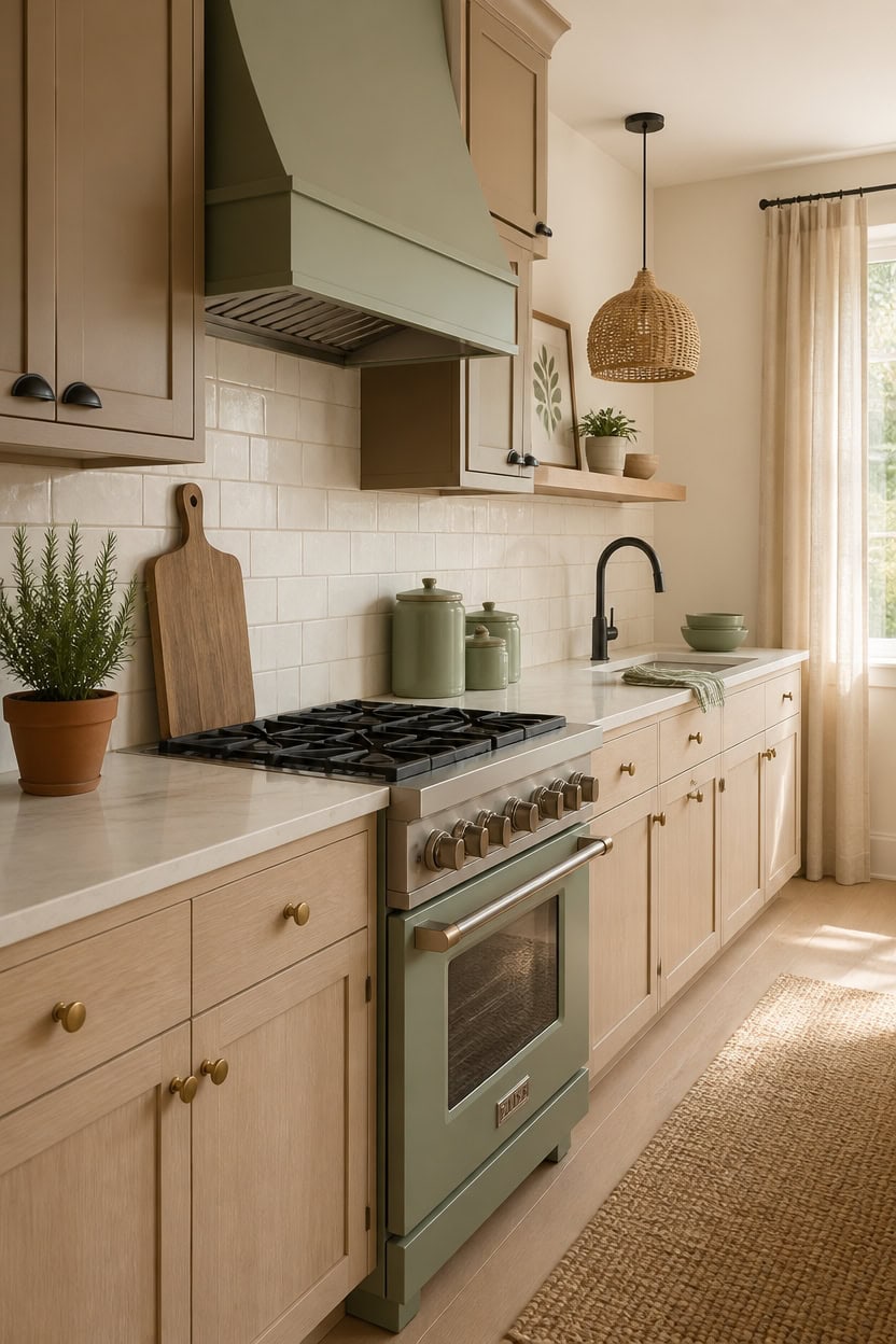 Cozy kitchen with pastel green stove, beige cabinets, and natural light.