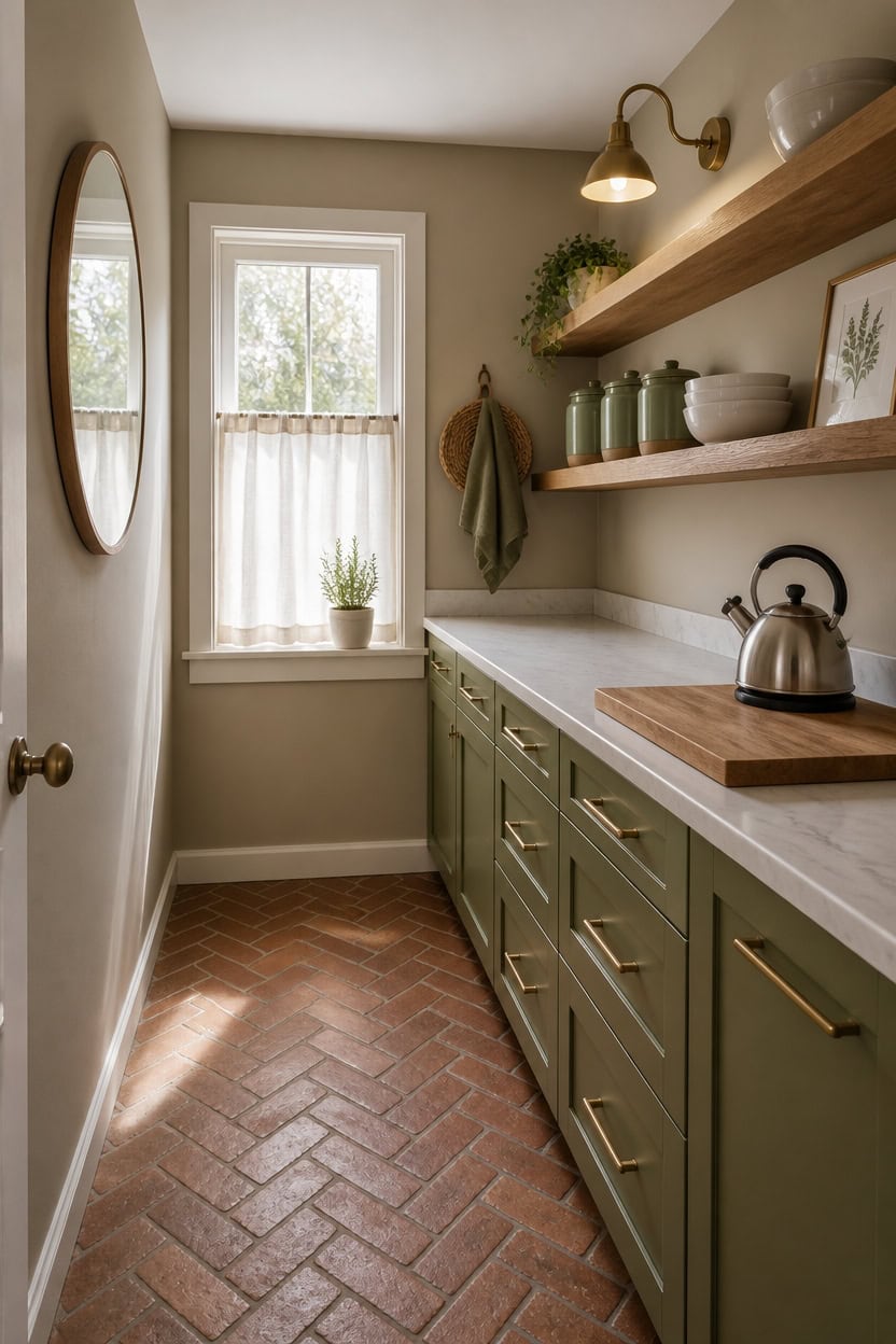 Charming kitchen with green cabinets, open wooden shelves, and natural light from window.