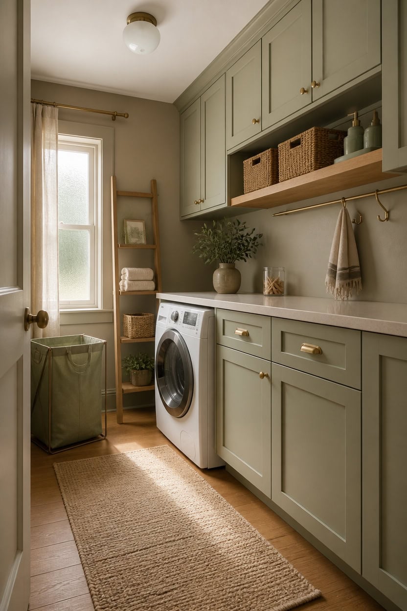 Laundry room with green cabinets, washing machine, and natural light.
