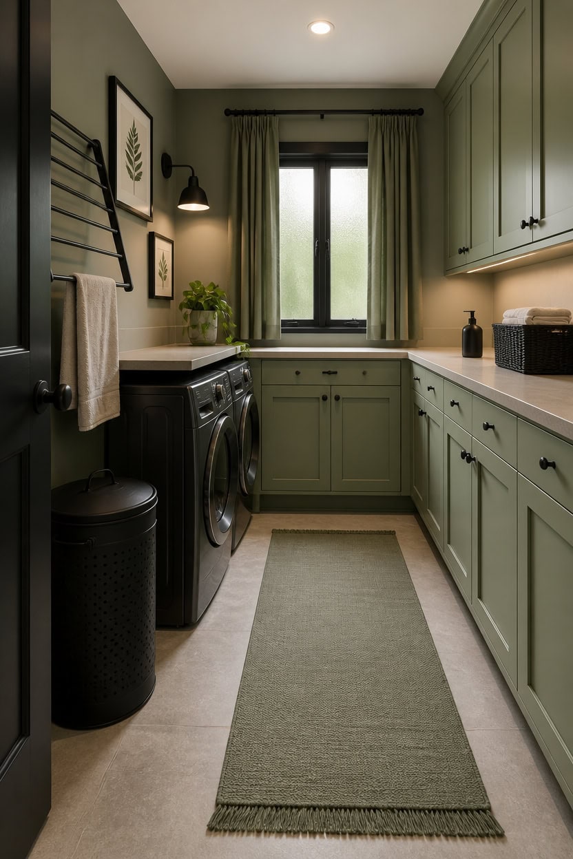 Bright green kitchen with laundry space, window, and decor accents.