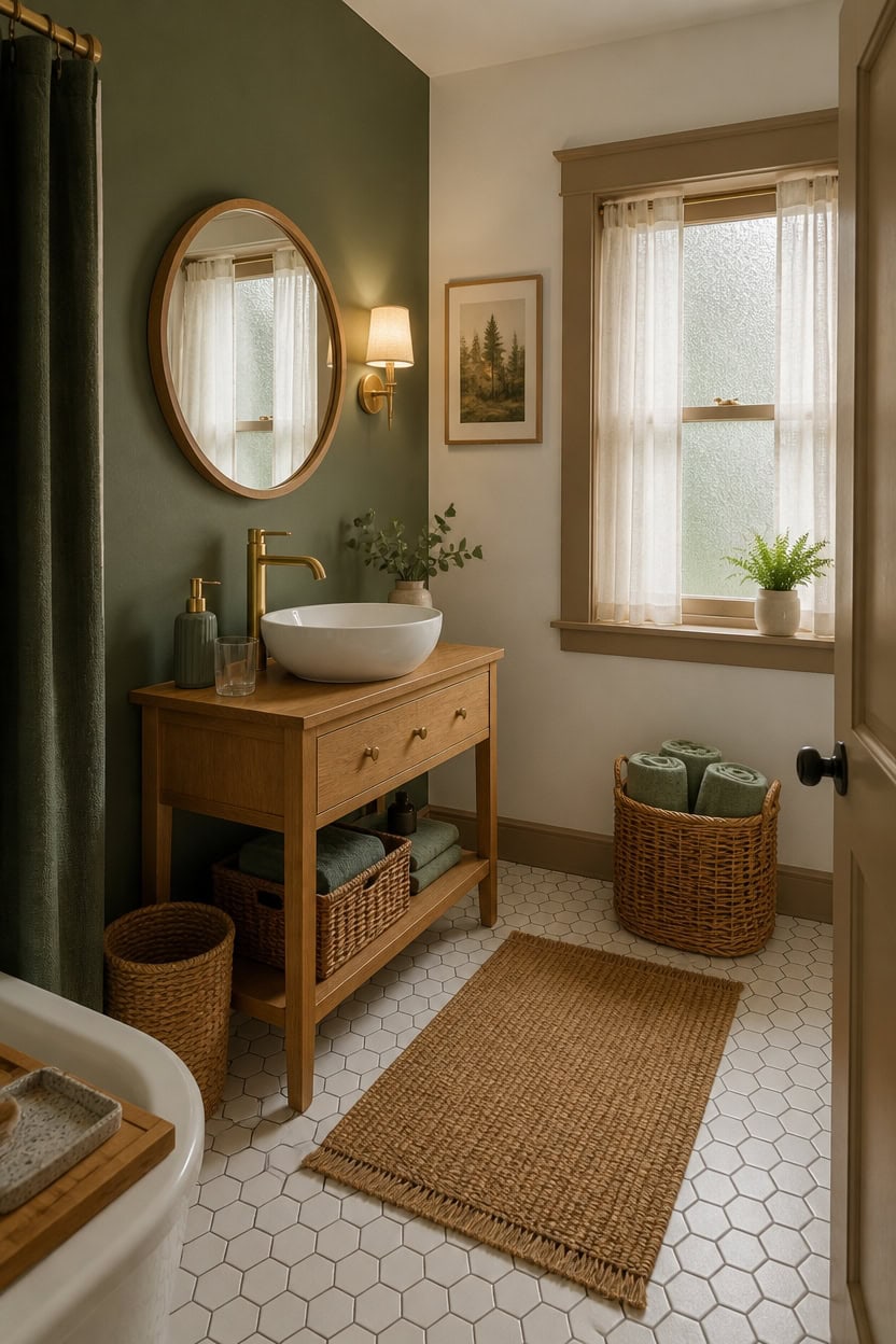 sage green forest inspired bathroom