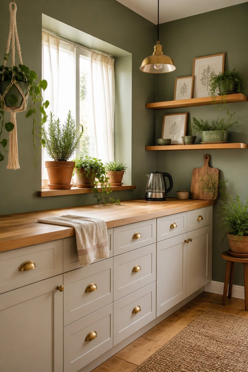 Bright kitchen with green walls, wooden shelves, and potted plants by the window.