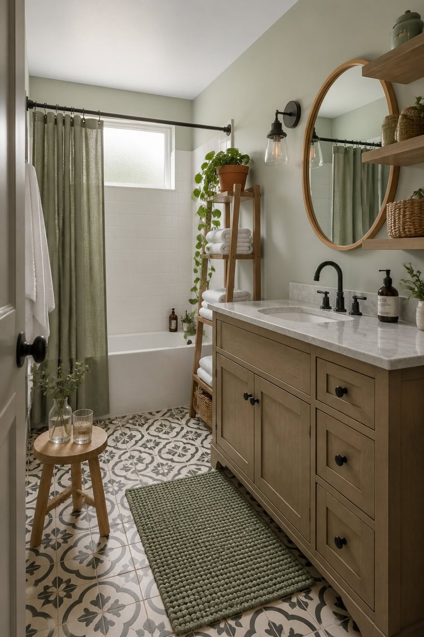 sage green oak bathroom