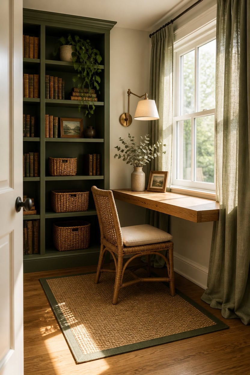 Home office with a wooden desk, bookshelf, and natural light from window.