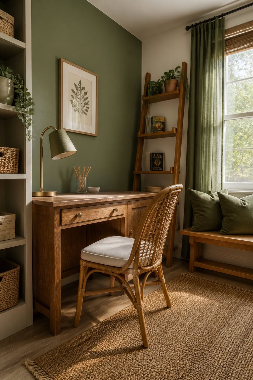 Home office with wooden desk, wicker chair, and green wall decor.