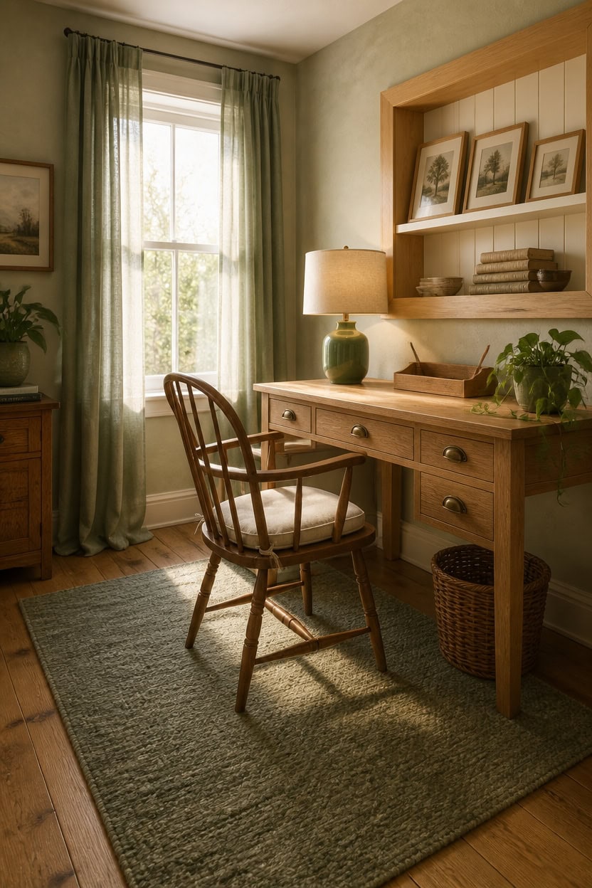 Bright home office with wooden desk, chair, and green decor near window.