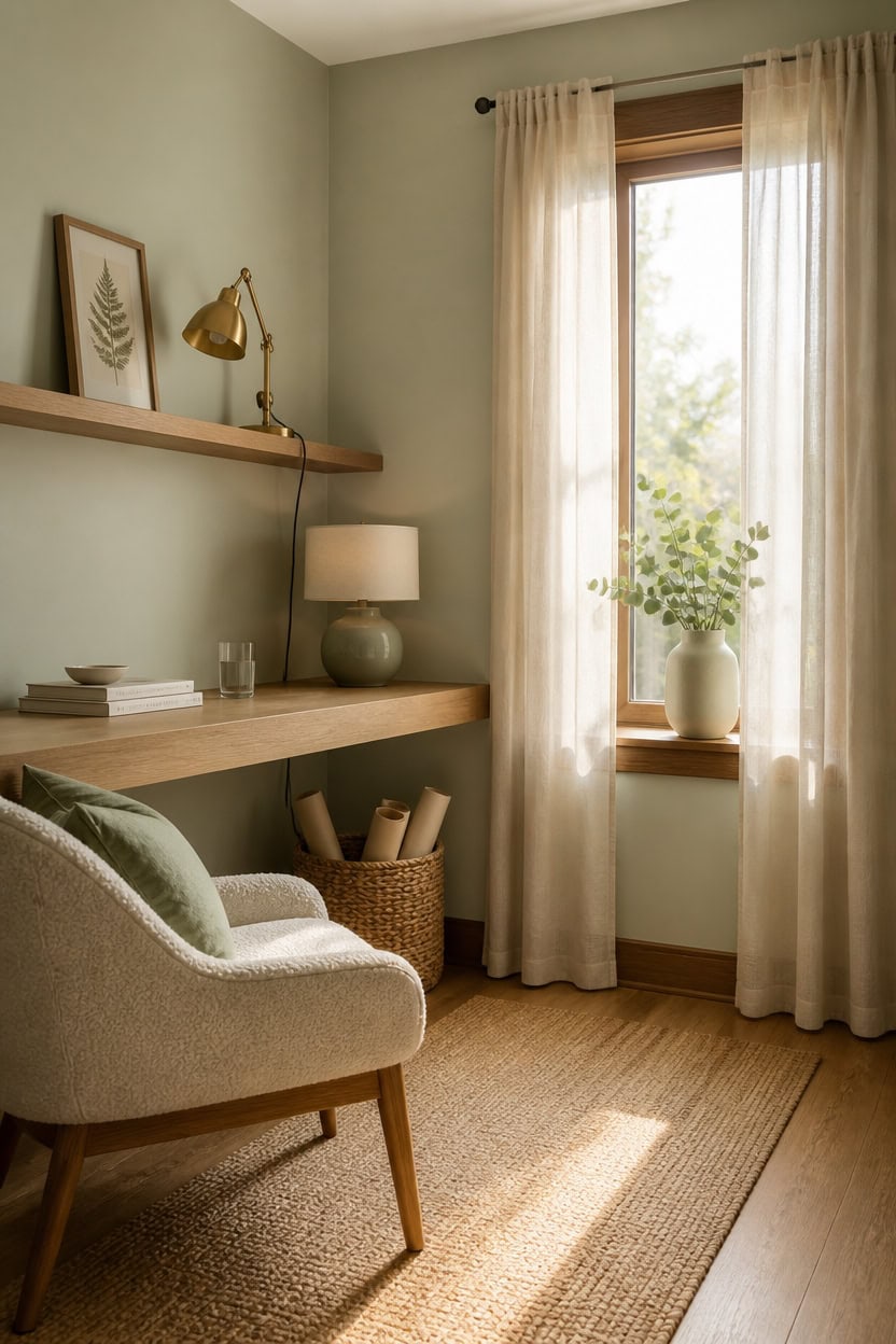Bright living room with beige armchair, wooden shelf, and window with curtains.
