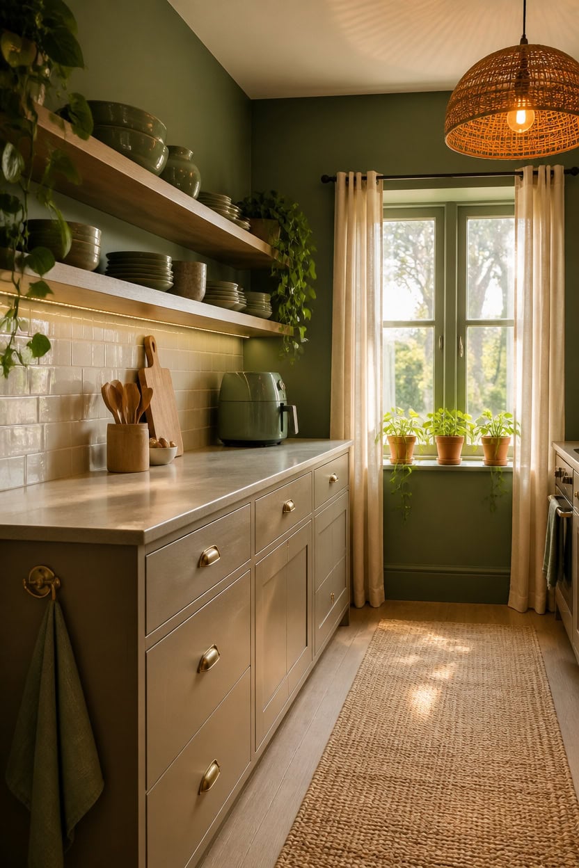 Bright kitchen with green walls, open shelves, and natural light from window.