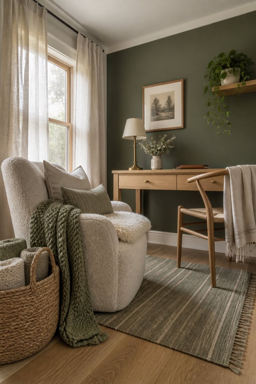 Comfortable living room with beige sofa, wooden desk, and green wall decor.
