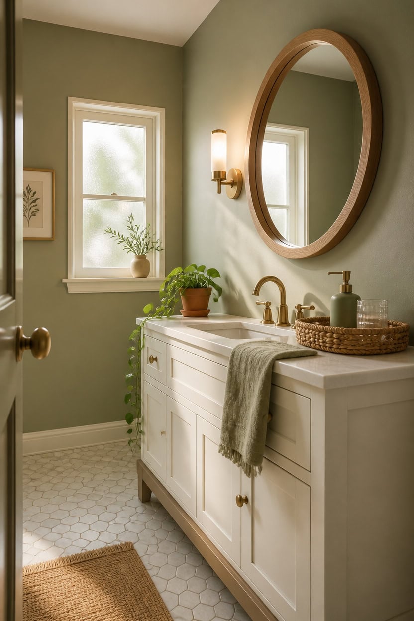 Bright bathroom with white vanity, round mirror, and green plants.