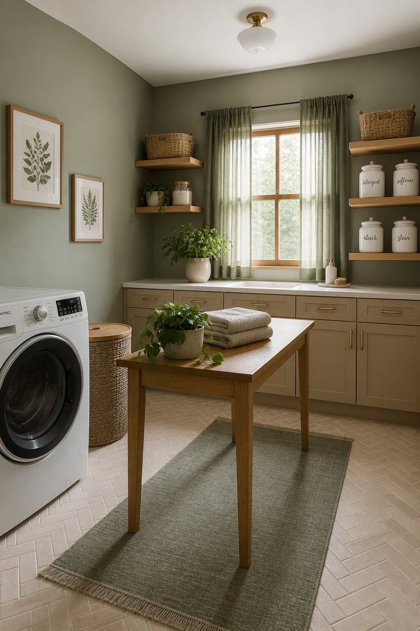 Bright laundry room with green walls, shelves, and a window with curtains.