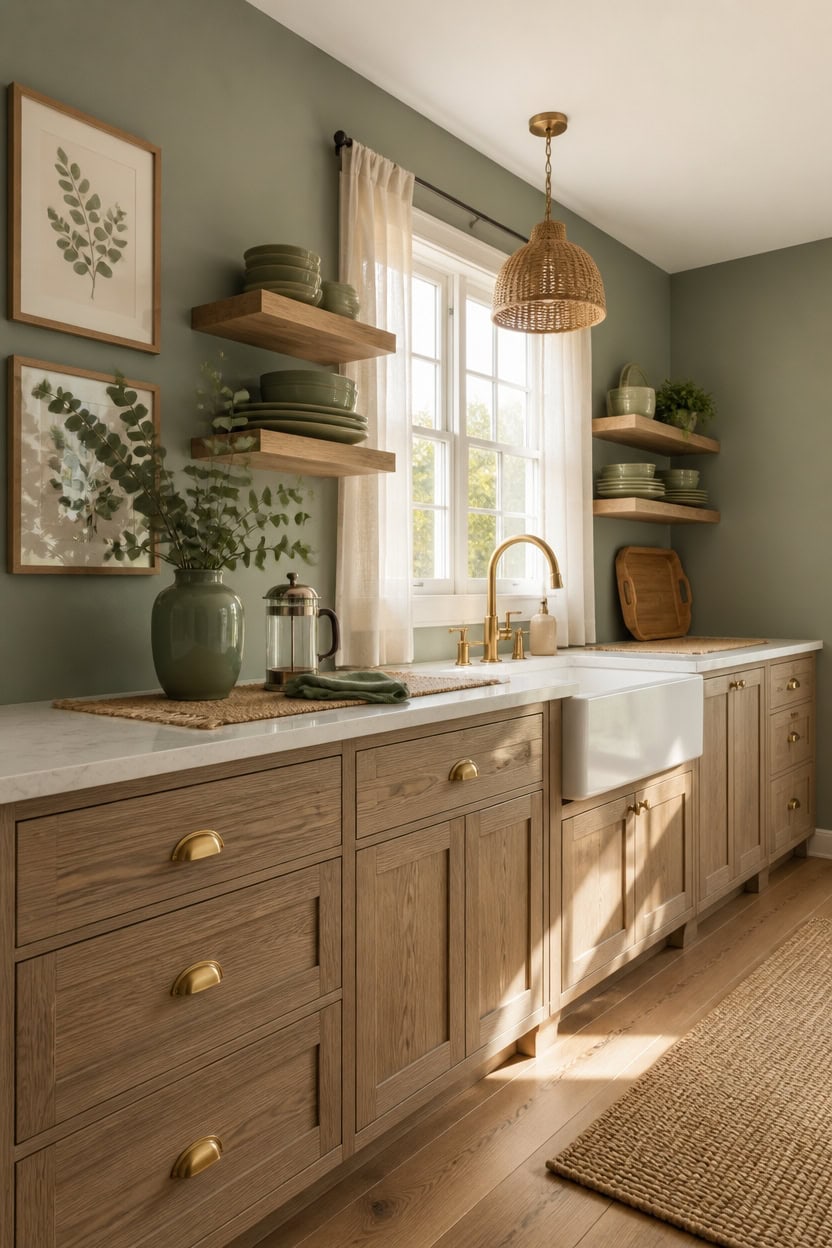 Bright kitchen with green walls, wooden cabinets, and open shelves.