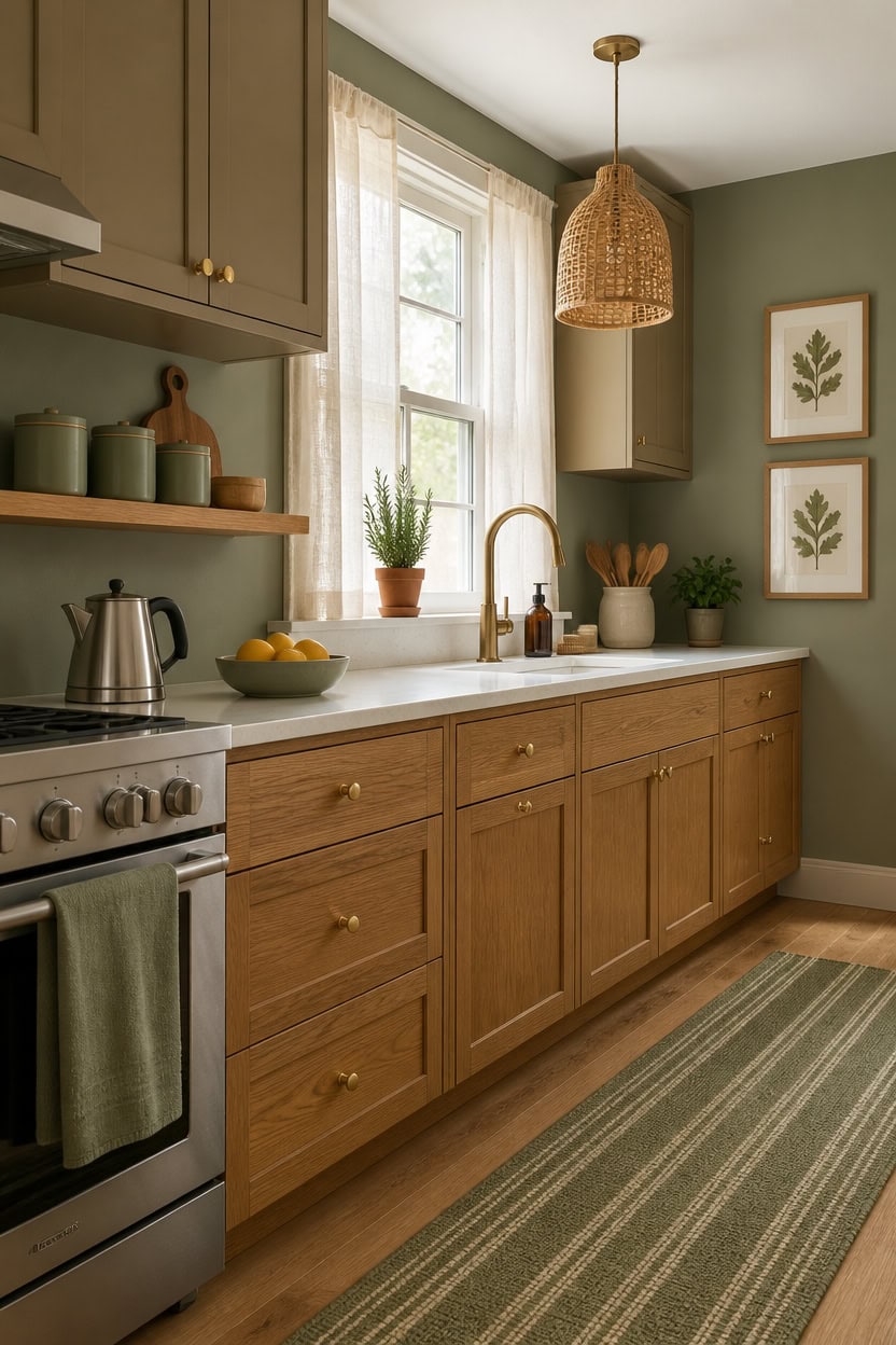 Bright kitchen with wooden cabinets, green walls, and natural light.