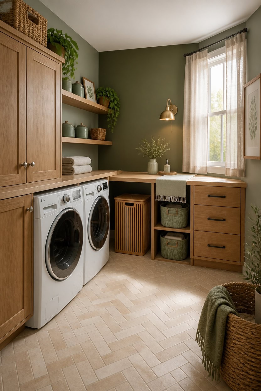 Bright laundry room with washer, dryer, and storage shelves at Apartment ABC.