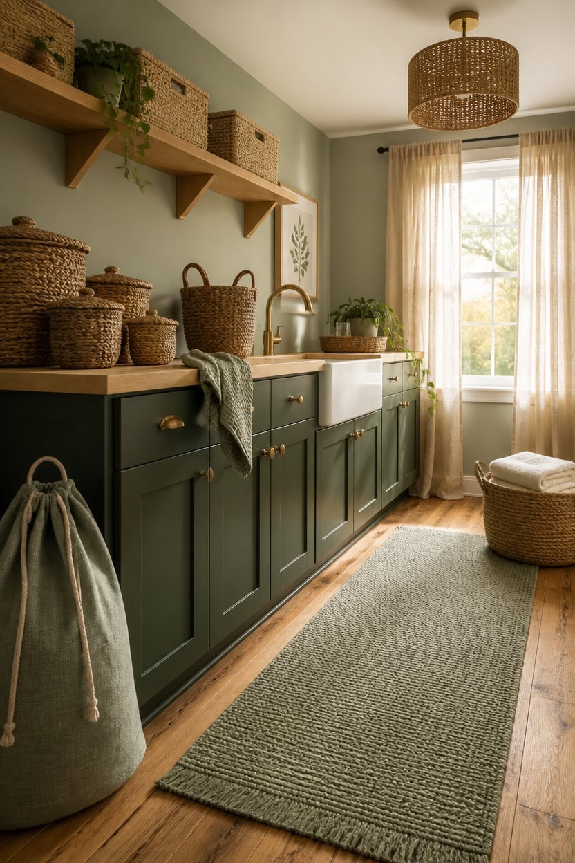 Cozy kitchen with green cabinets, wicker baskets, and natural light.