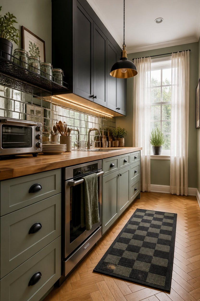 Bright kitchen with green cabinets, wooden countertop, and large window.