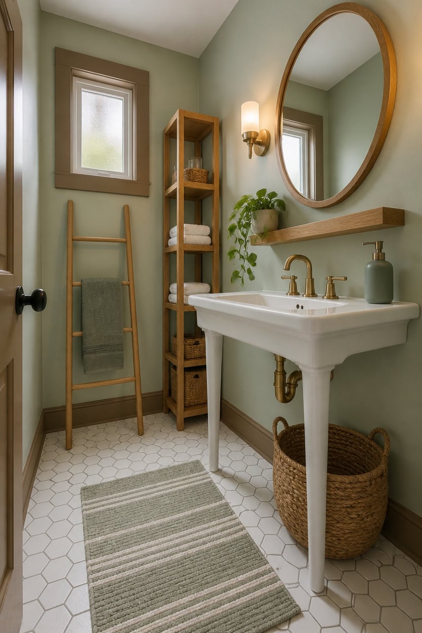 Cozy bathroom with vintage sink, round mirror, and wooden shelves.