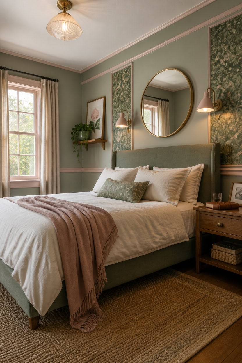 Elegant bedroom with green walls, large window, and stylish decor at Apartment ABC.