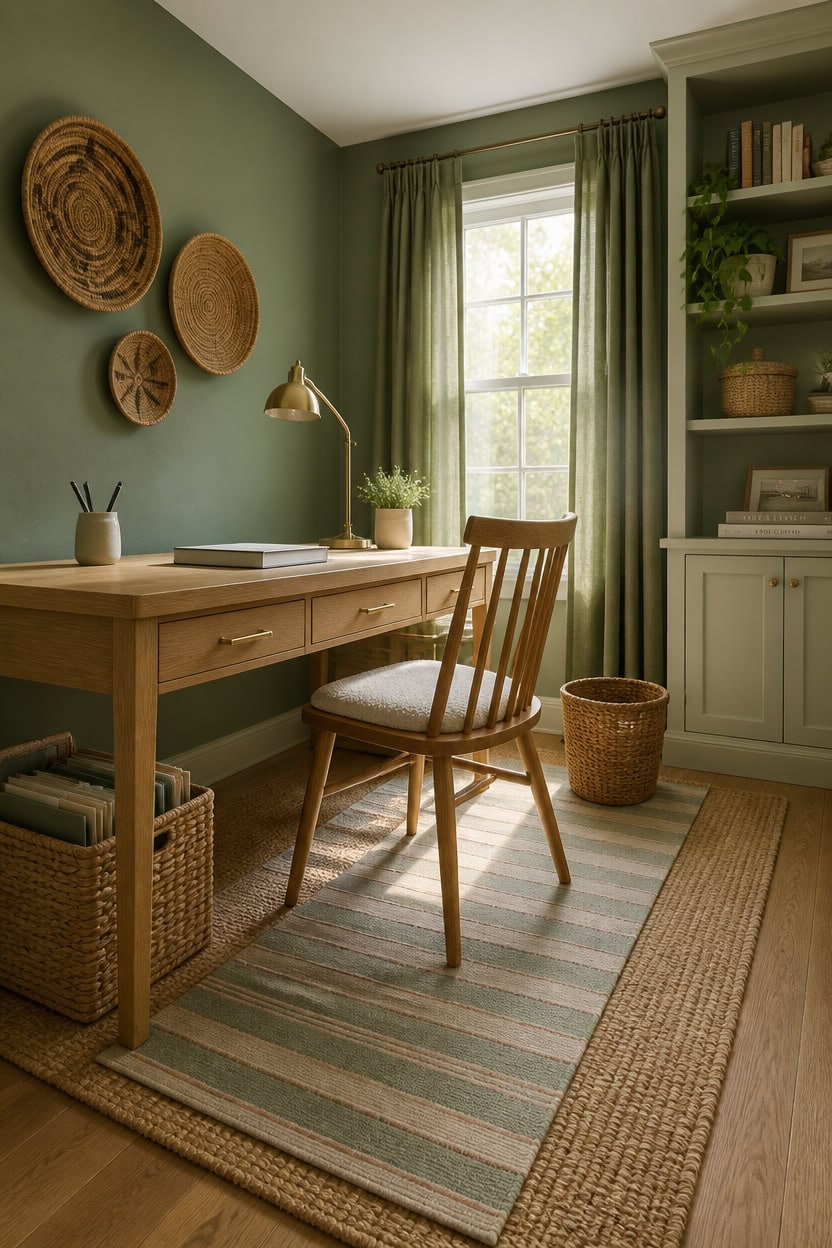 Home office with wooden desk, chair, green walls, and natural light.