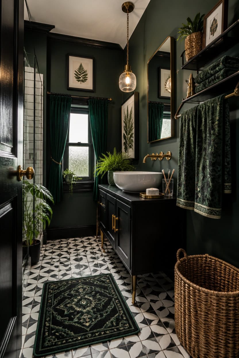 salamander green maximalist bathroom