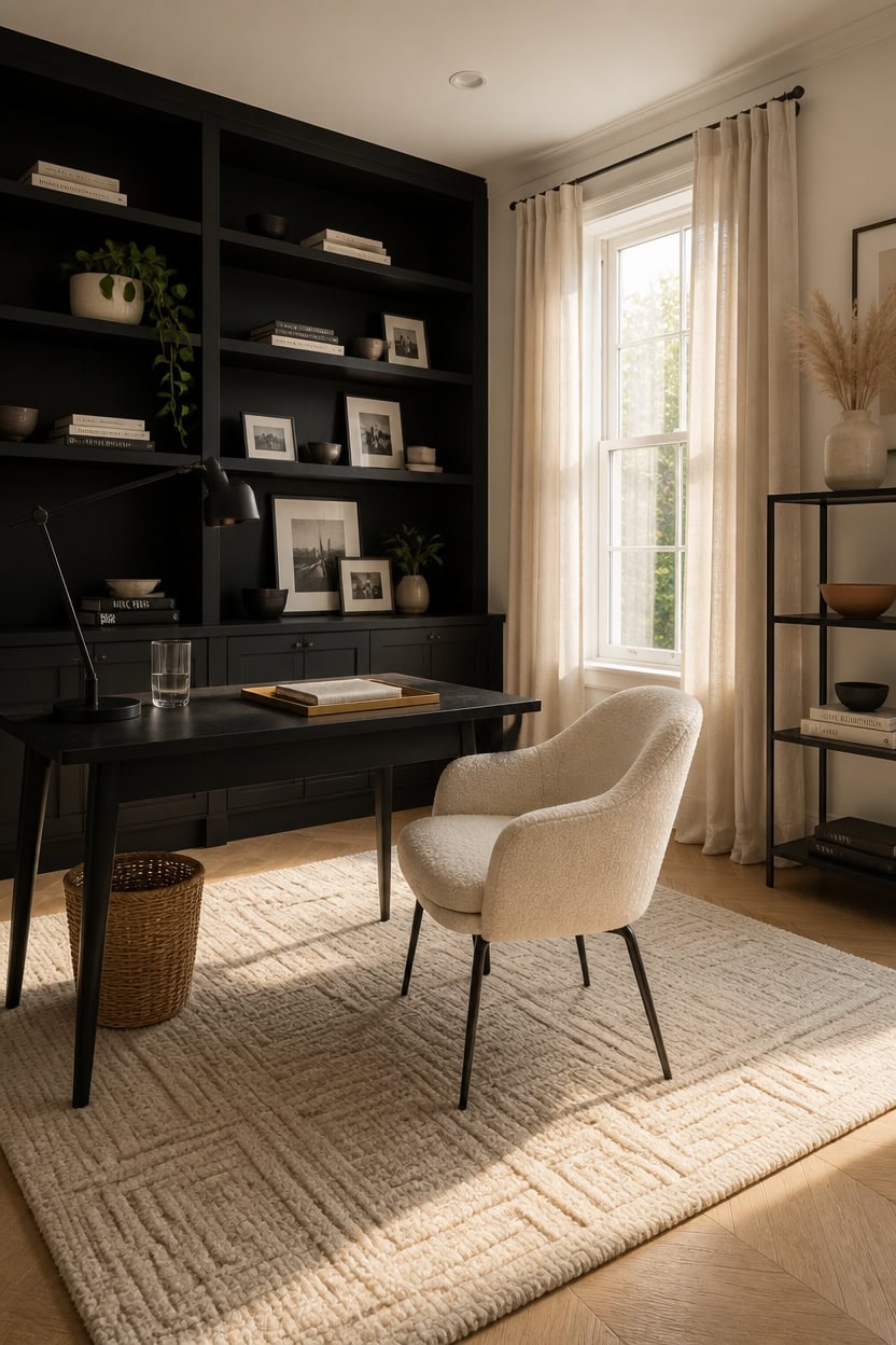 Elegant home office with black bookshelf, beige armchair, and natural light.
