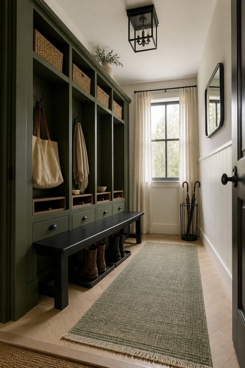Cozy entryway with green storage unit, window, and beige rug.