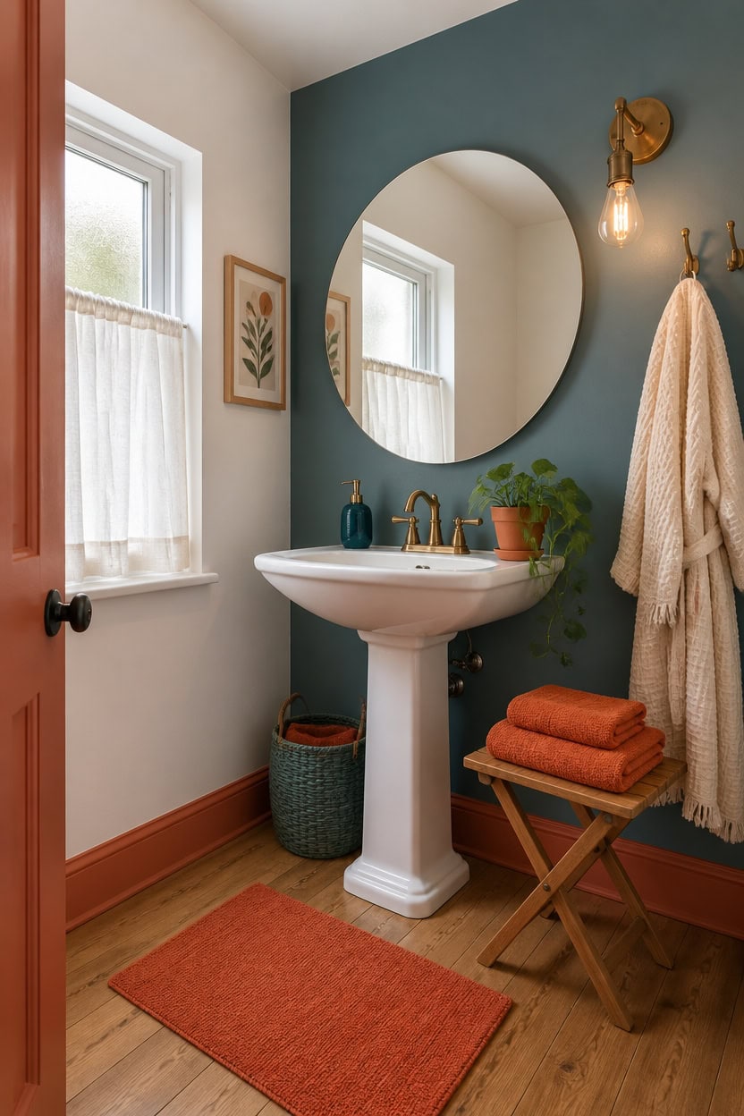Cozy bathroom with pedestal sink, round mirror, and natural light.