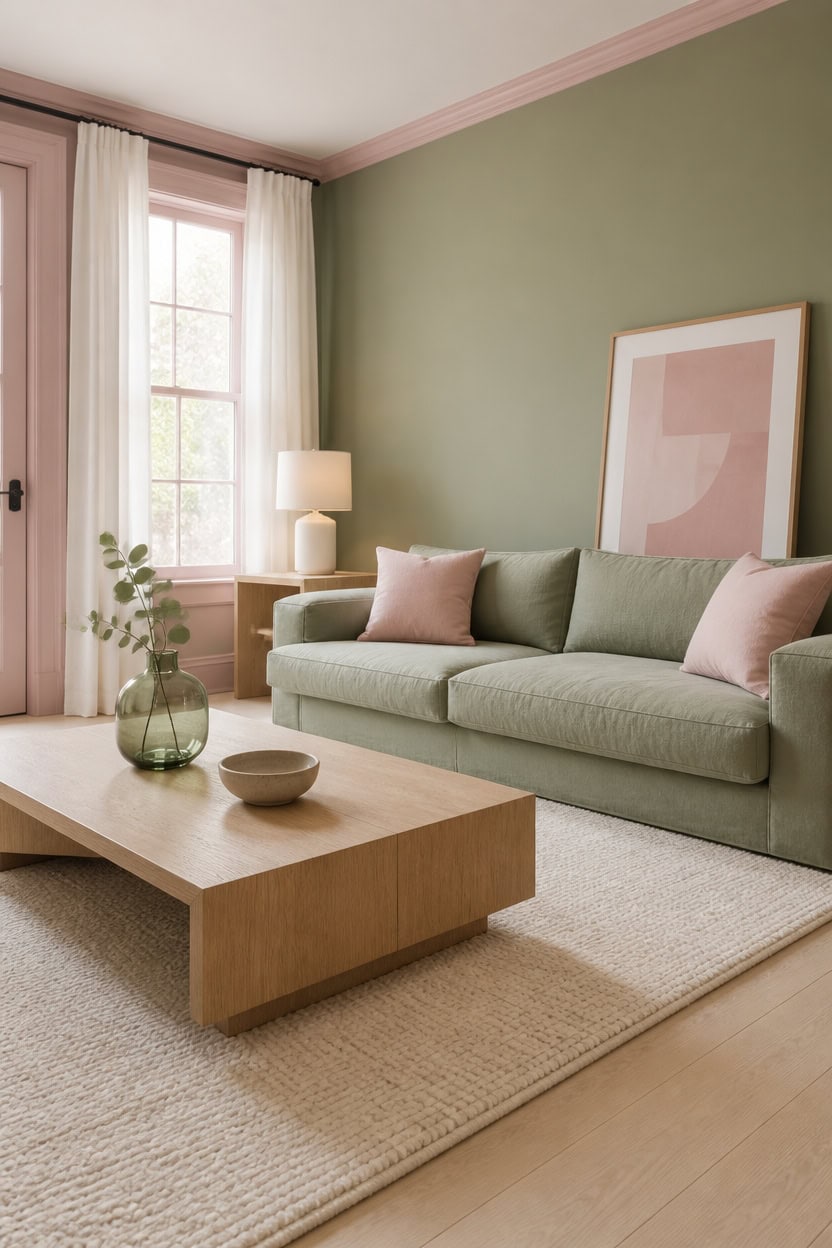 Bright living room with green walls, beige sofa, and natural light.