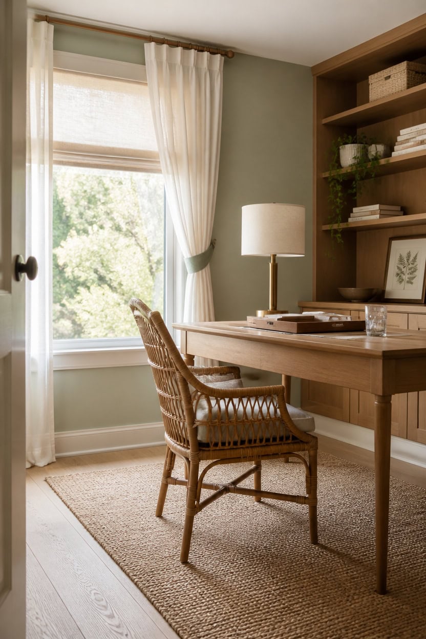 Bright home office with wooden desk, wicker chair, and built-in shelves.