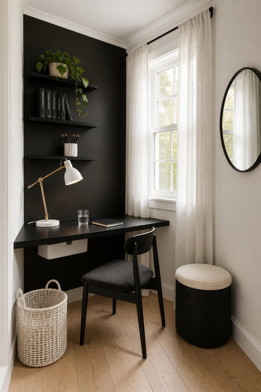 Small home office with black accent wall, desk, chair, and window with white curtains.