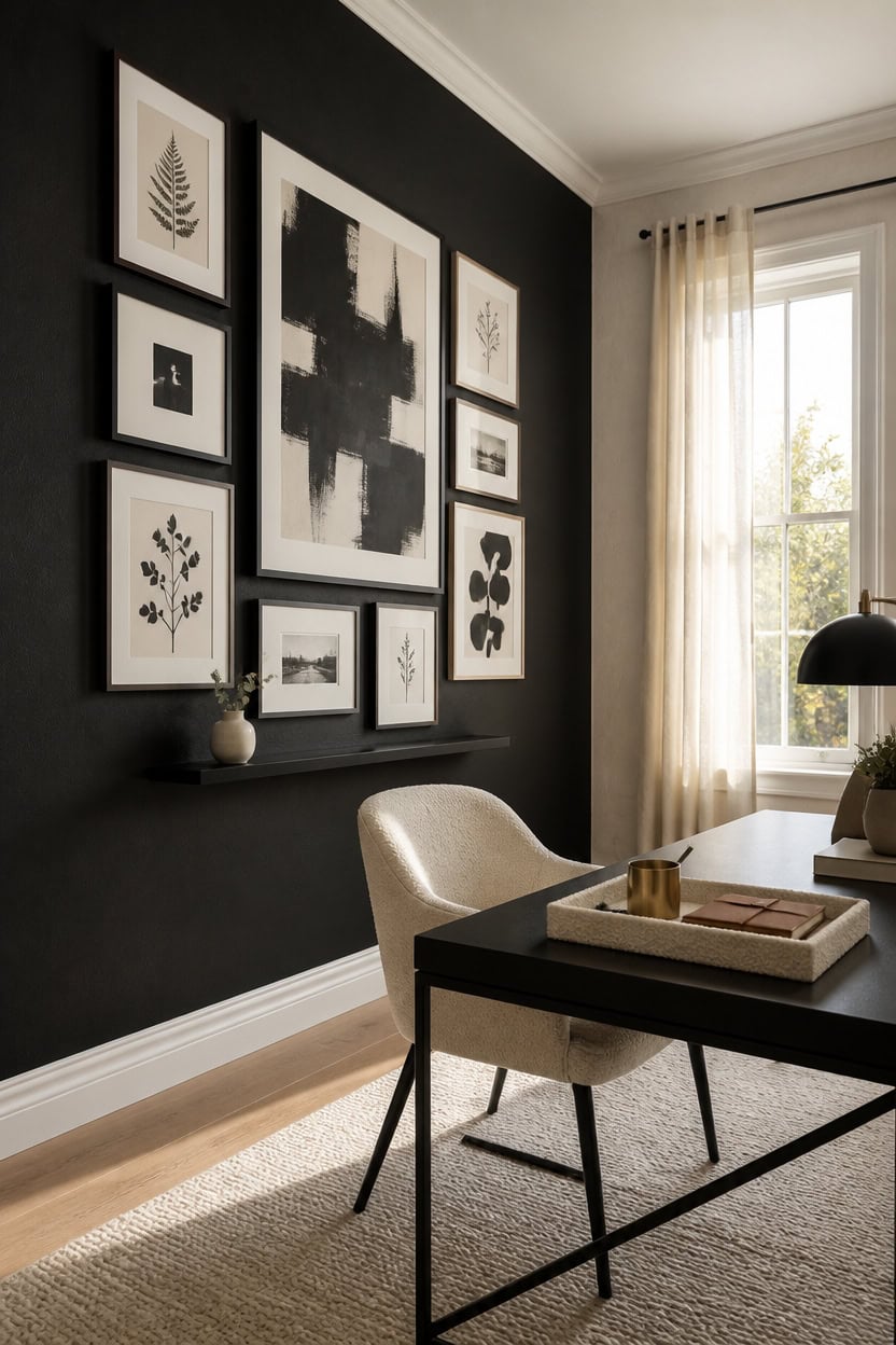 Stylish home office with black accent wall and gallery art display.