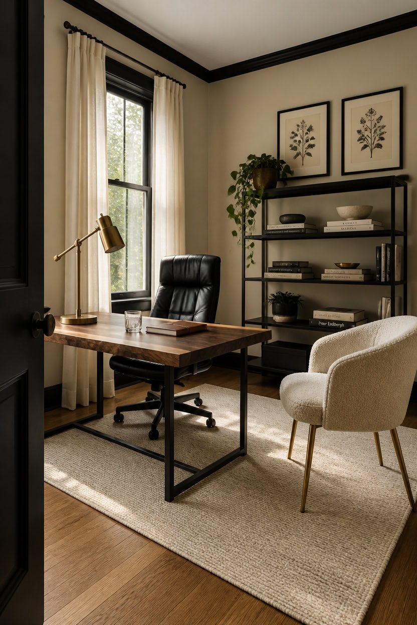 Bright home office with desk, chair, and bookshelf near window.