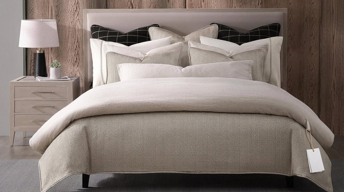 Cozy modern bedroom with neutral tones and stylish bedding.