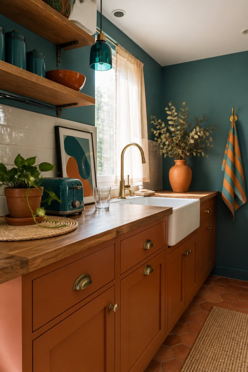 Cozy kitchen with teal walls, wooden cabinets, and decorative shelves.