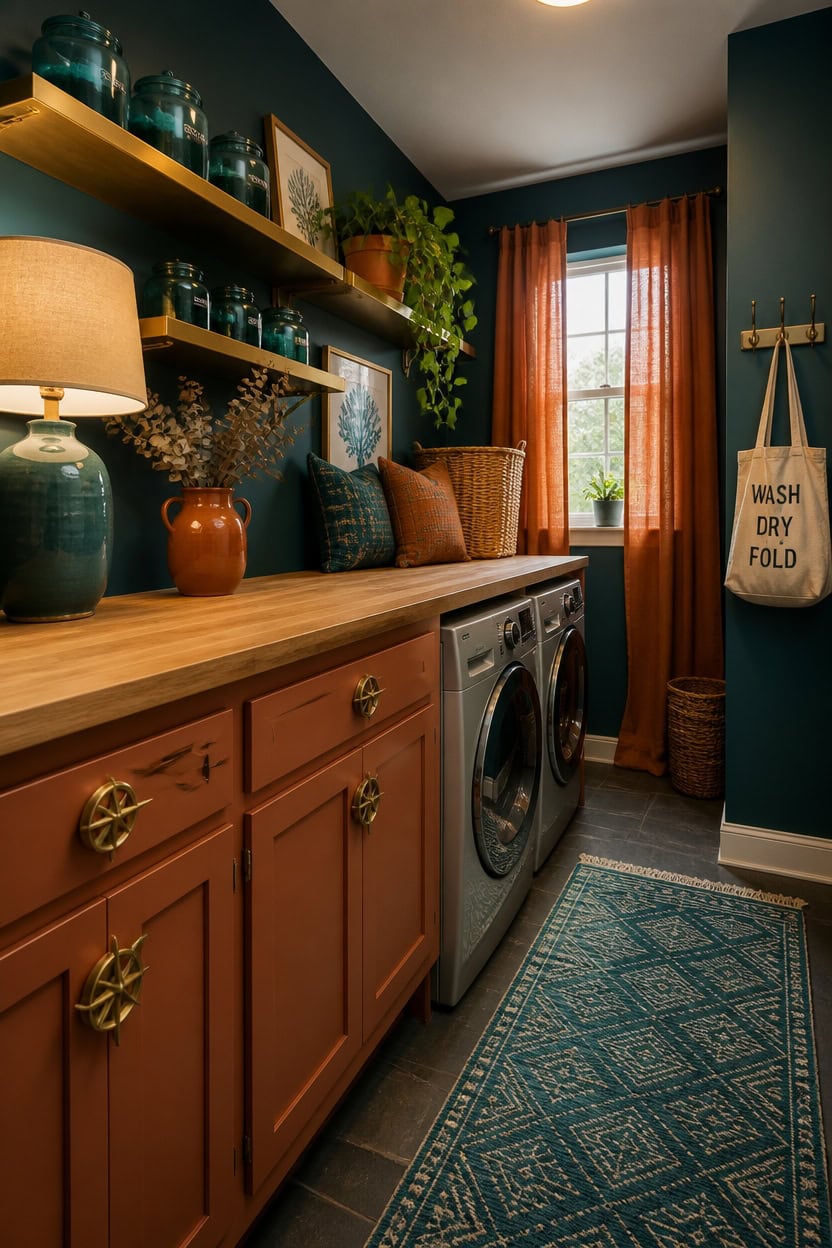 Cozy laundry room with washer, wooden cabinets, and decorative shelves.