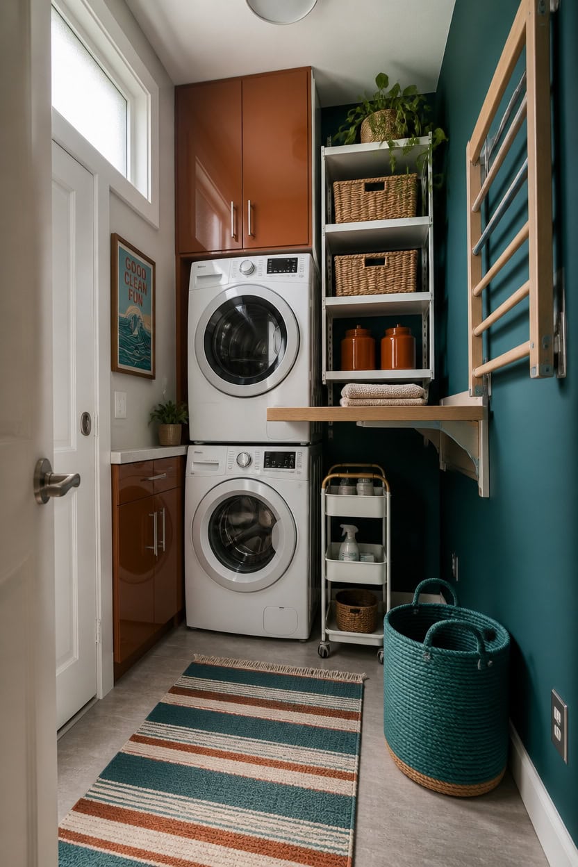 Small laundry room with washer, dryer, shelves, and storage baskets.