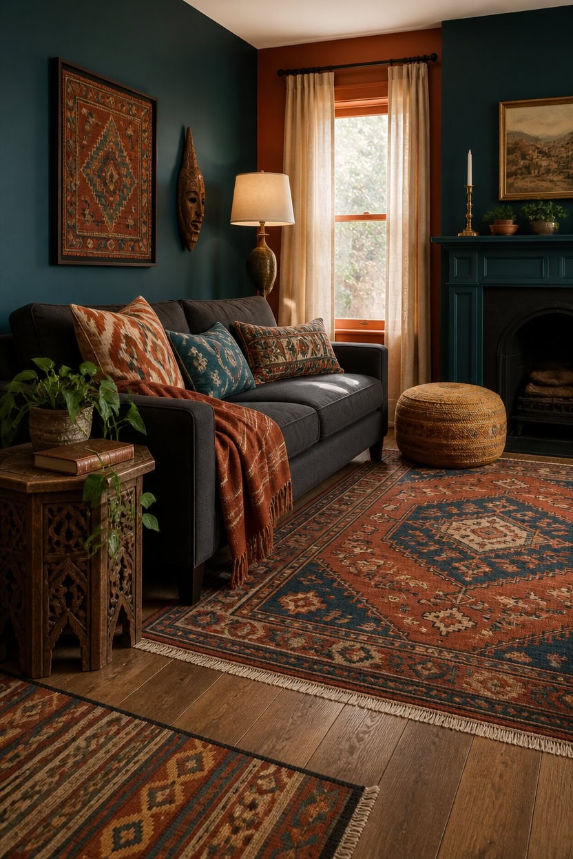Stylish living room with dark teal walls, colorful cushions, and traditional decor.