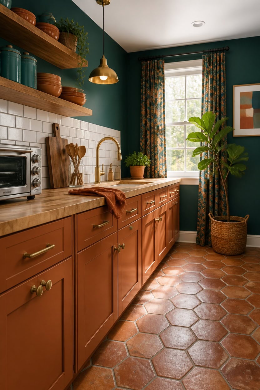Cozy kitchen with terracotta tiles, wooden cabinets, and green walls.